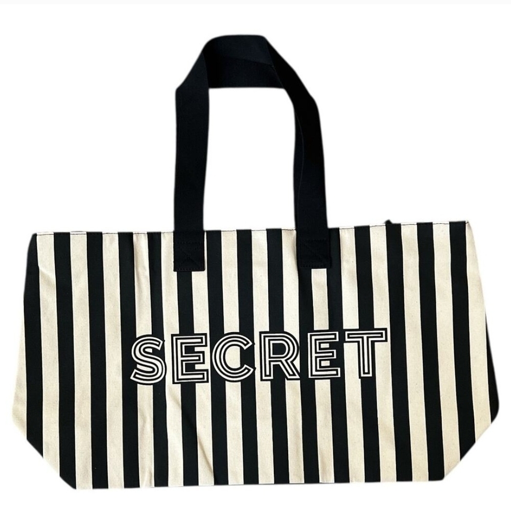 Victoria's Secret Black and White Striped Tote with Pouch - Picture 3 of 4